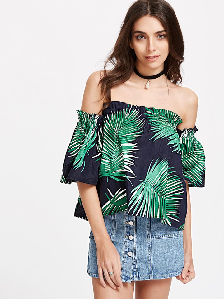 Shein Bardot Leaves Print Shirred Top