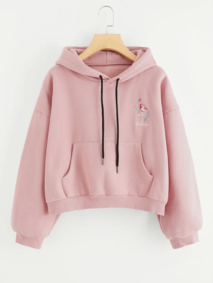 Shein Drop Shoulder Flamingo Embroidered Hoodie