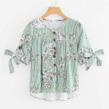 Shein Knot Cuff Floral Striped Dip Hem Blouse