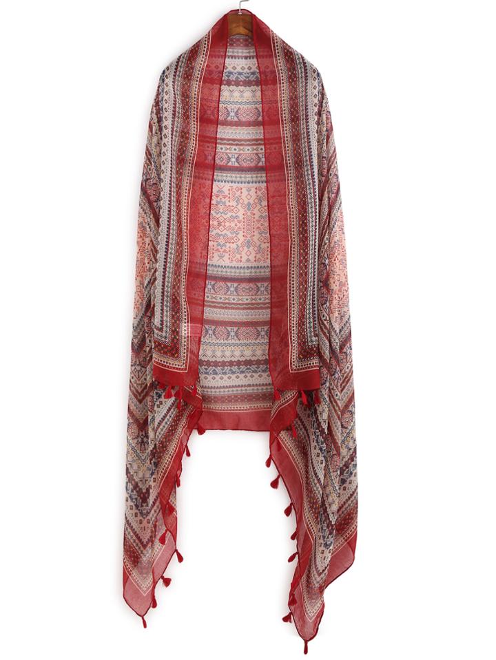 Shein Red Tribal Print Tassel Trim Voile Scarf