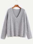 Shein Grey Chevron Knit V Neck Drop Shoulder Sweater