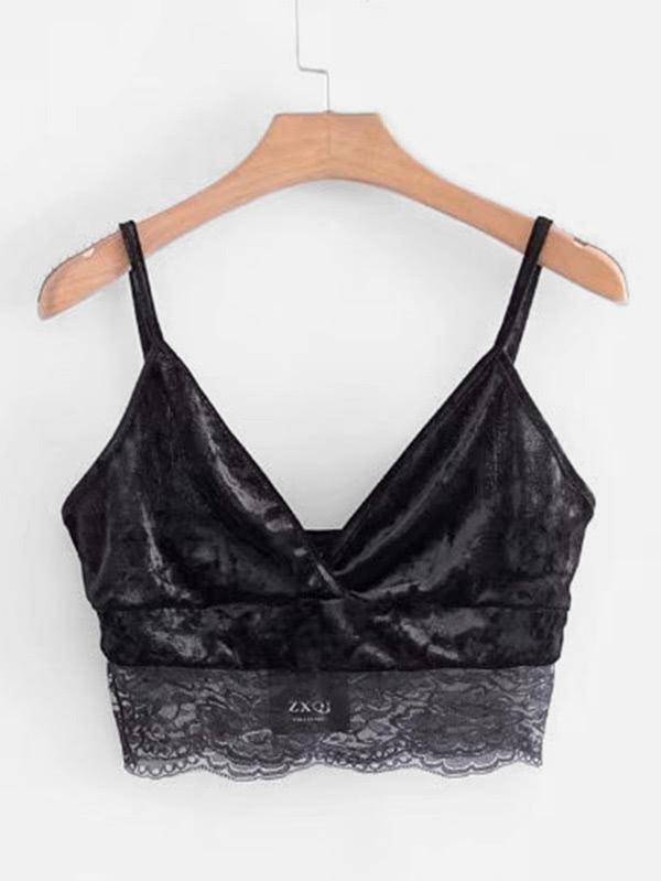 Shein Lace Hem Velvet Crop Cami Top