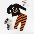 Shein Toddler Girls Halloween Print Tee With Striped Pants