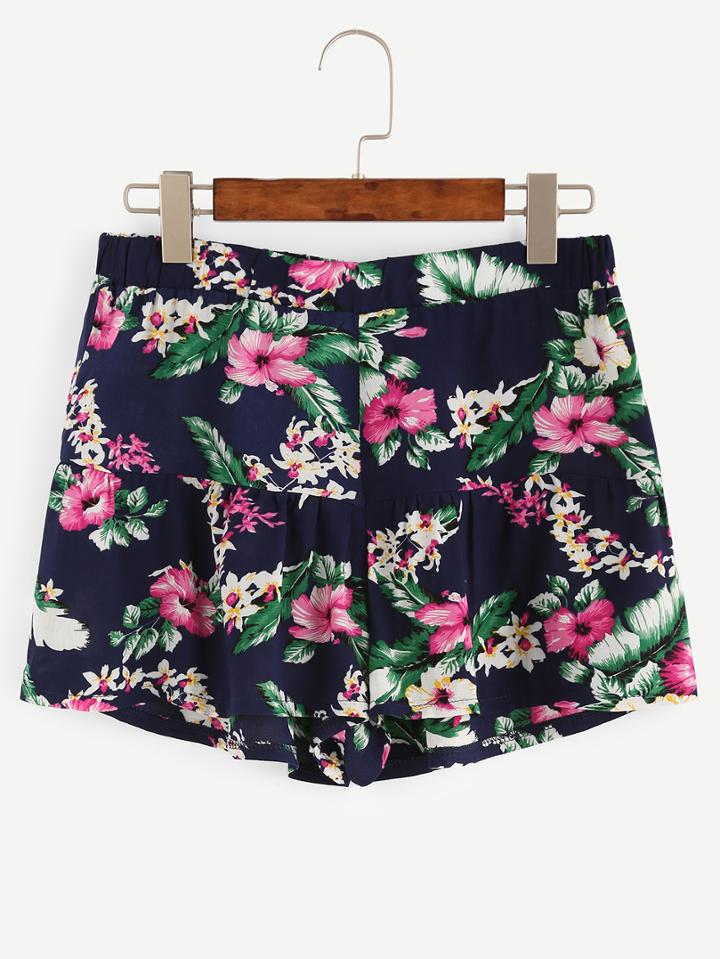 Shein Navy Tropical Print Ruffled Shorts
