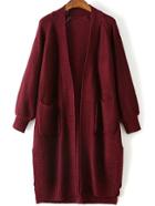 Shein Burgundy Raglan Sleeve Side Slit Long Cardigan With Pockets