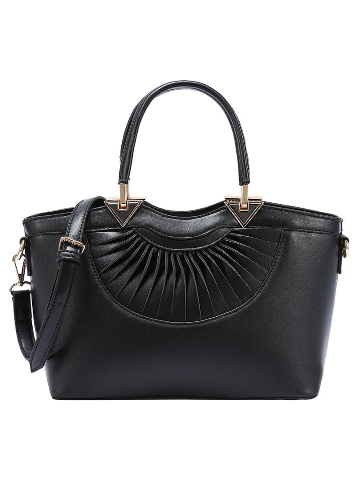 Shein Faux Leather Pleated Handbag With Strap - Black
