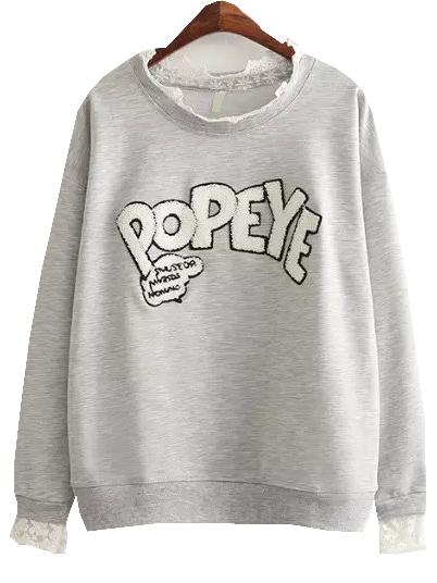 Shein Grey Long Sleeve Lace Letters Pattern Sweatshirt