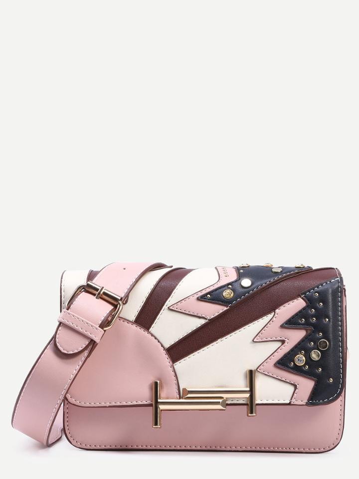 Shein Pink Metal Bar Detail Studded Patchwork Flap Bag