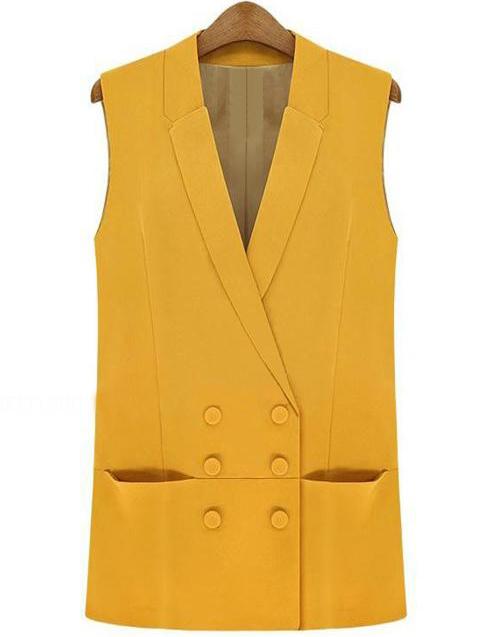 Shein Yellow Lapel Double Breasted Pockets Vest