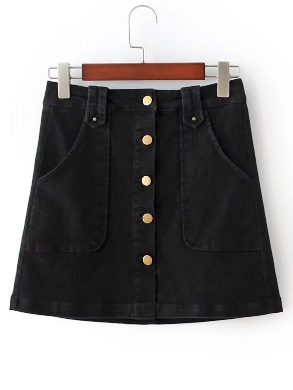 Shein Black Buttons Front Pockets A-line Skirt