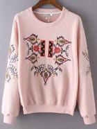 Shein Pink Round Neck Embroidered Sweatshirt