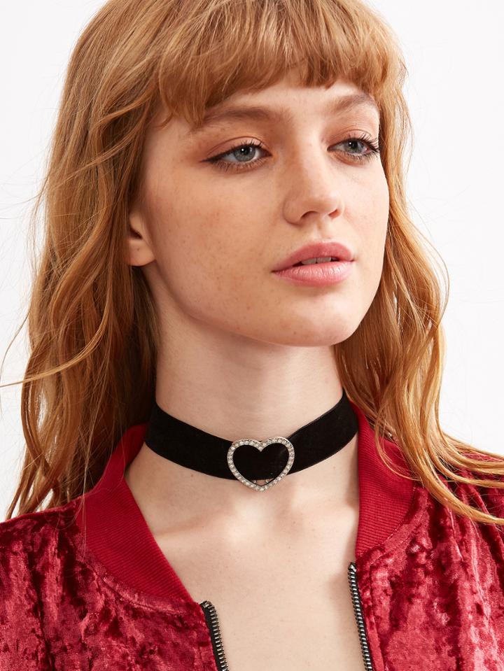 Shein Black Cutout Rhinestone Heart Pendant Choker
