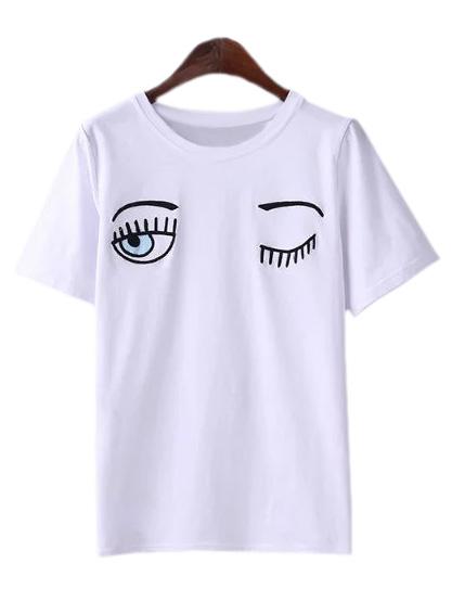 Shein White Short Sleeve Eyes Embroidery Casual T-shirt