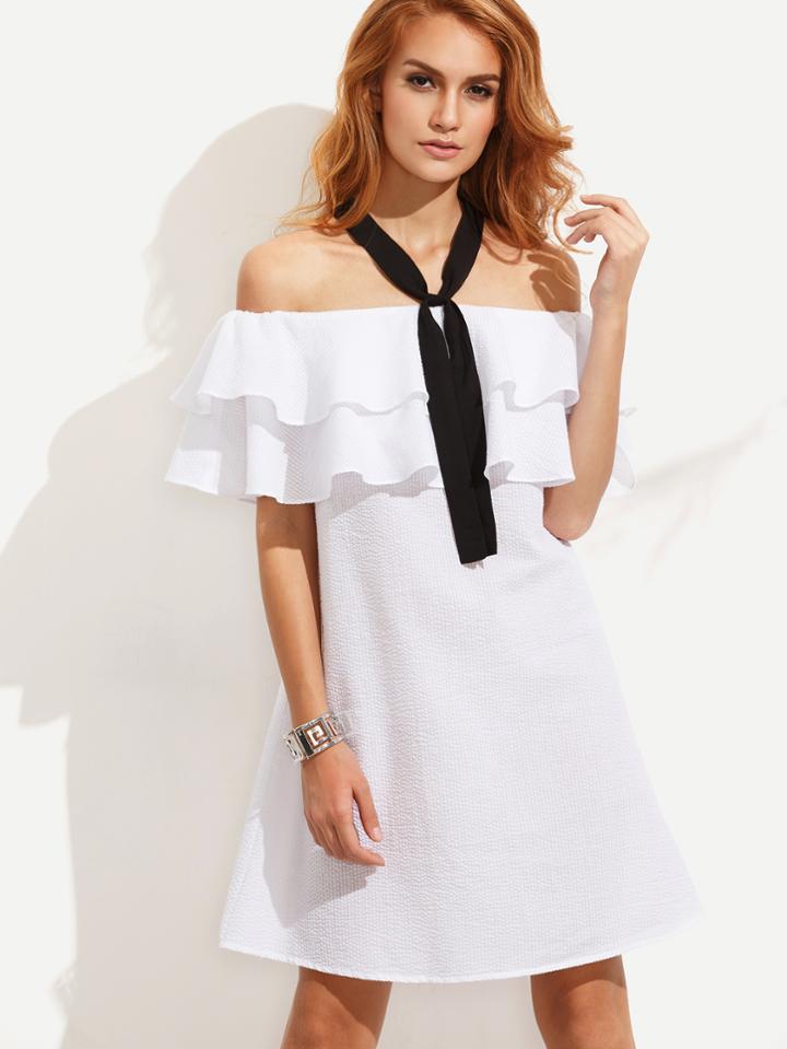 Shein White Crisscross Back Ruffle Off The Shoulder Dress