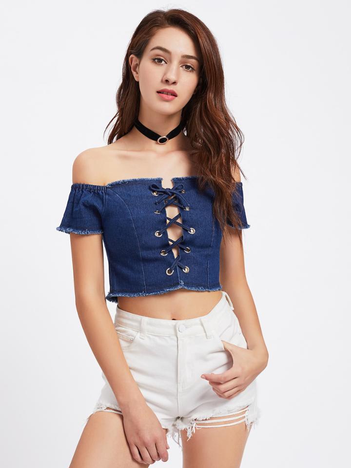 Shein Bardot Grommet Lace Up Raw Trim Crop Top