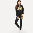 Shein Letter Print Hooded Sweatshirt With Pants