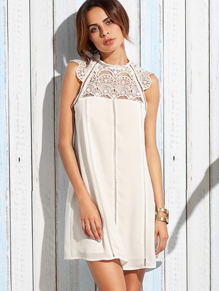 Shein Beige Crochet Crew Neck Sleeveless Shift Dress