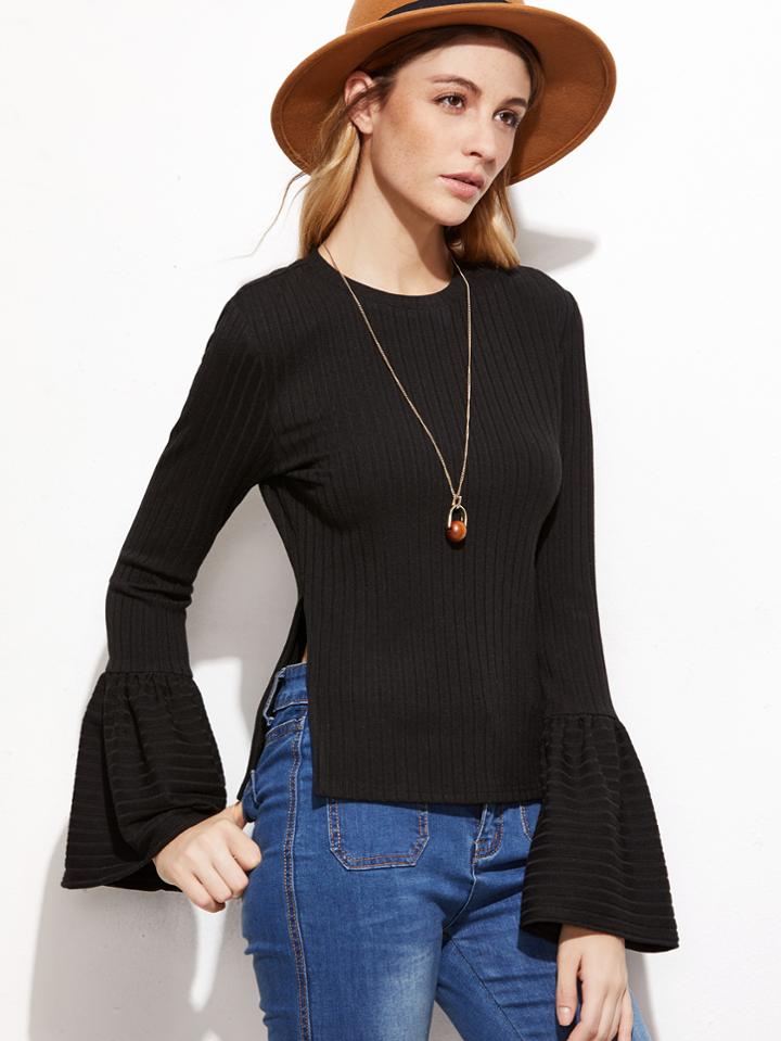 Shein Black Ribbed Split Side Bell Sleeve T-shirt