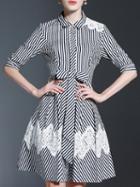 Shein Black White Striped Lapel Bowknot Dress