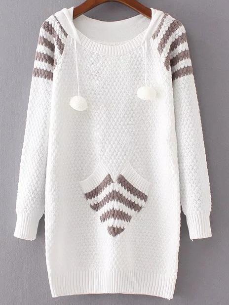 Shein White Ribbed Trim Hooded Long Sweater With Pocket