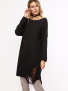 Shein Black Boat Neck Ripped Longline Sweater