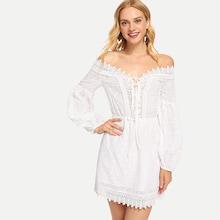 Shein Lace Trim Eyelet Embroidered Bardot Dress