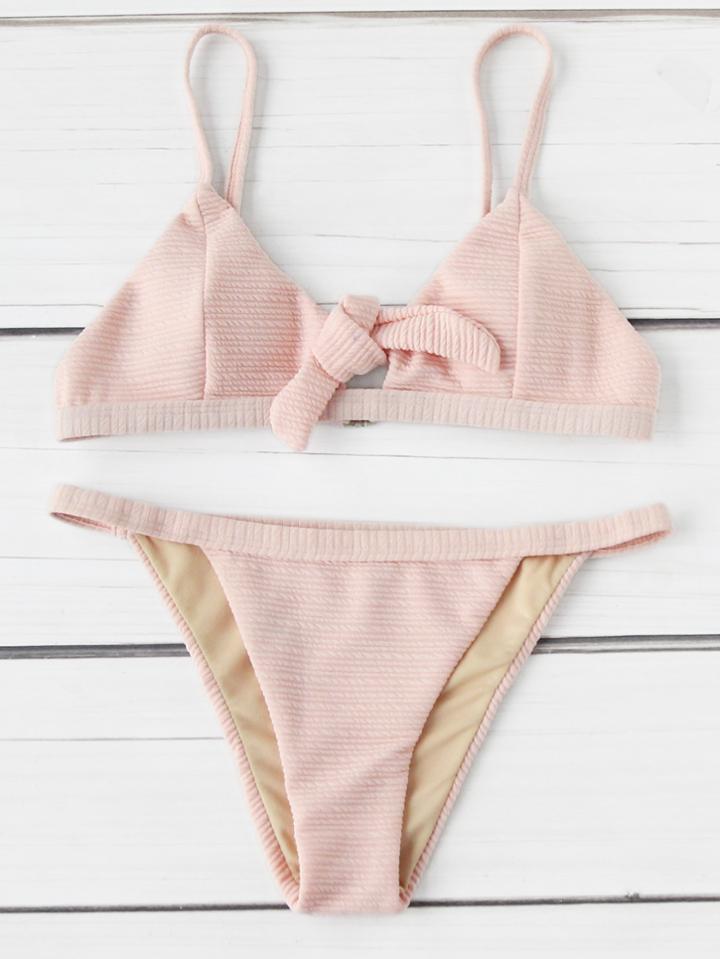 Shein Knot Front Thin Strap Textured Bikini Set