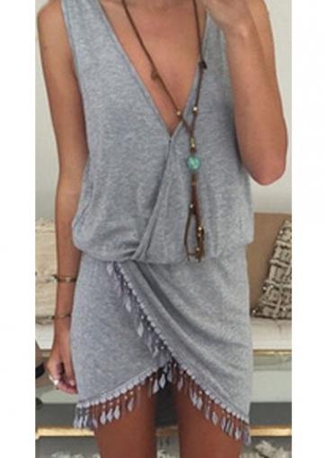 Rosewe Tassels Decorated V Neck Grey Dress
