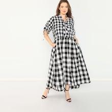 Shein Plus Tied Neck Plaid Flare Dress