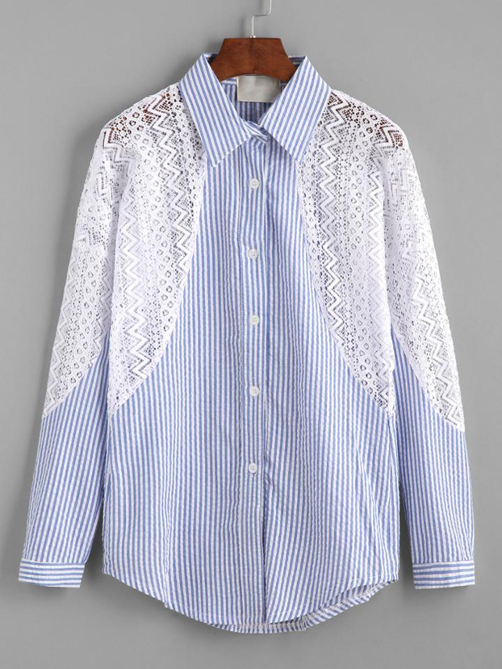 Shein Blue Vertical Striped Contrast Lace Insert Shirt