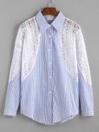 Shein Blue Vertical Striped Contrast Lace Insert Shirt