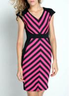 Rosewe Enchanting Cap Sleeve Stripe Design V Neck Dress