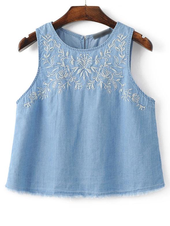 Shein Blue Sleeveless Embroidery Raw-edgeed Cut Vest