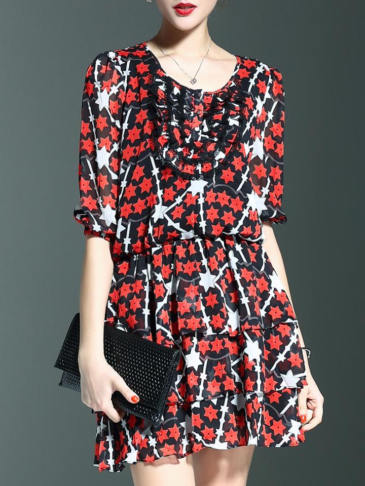 Shein Red Contrast Lace Ruffle Stars Dress