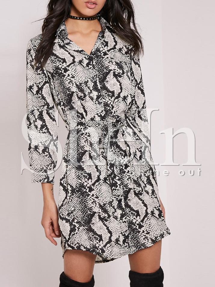 Shein Apricot Snakeskin Print Tie-waist Shirt Dress