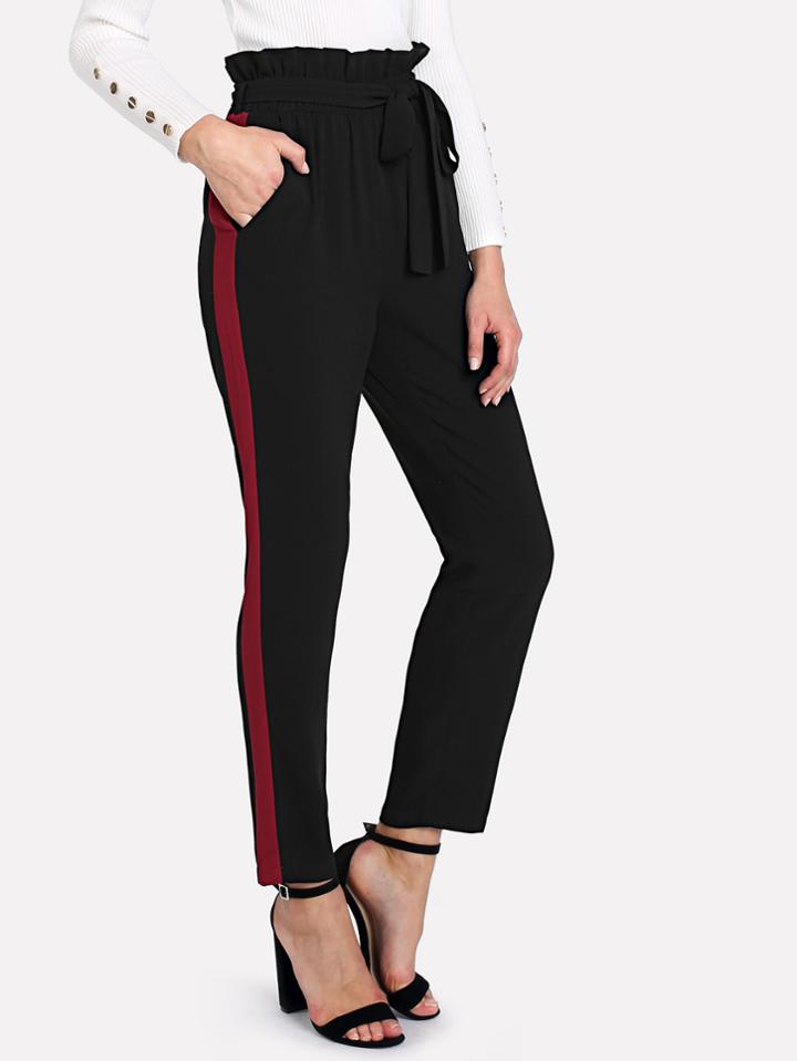 Shein Contrast Panel Side Belted Ruffle Waist Pants