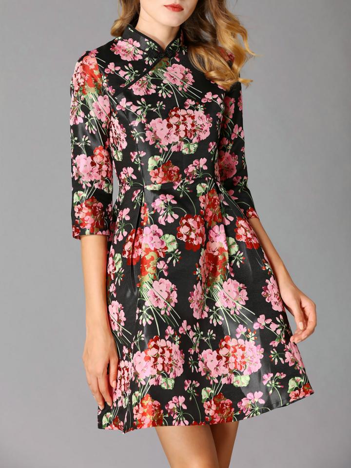 Shein Black Collar Floral A-line Dress