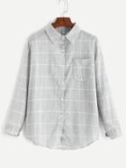 Shein Grey Grid Print Pocket Curved Hem Shirt