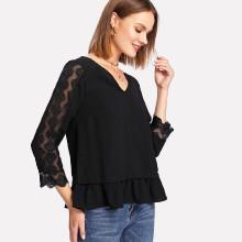 Shein Lace Insert Sleeve Ruffle Hem Top