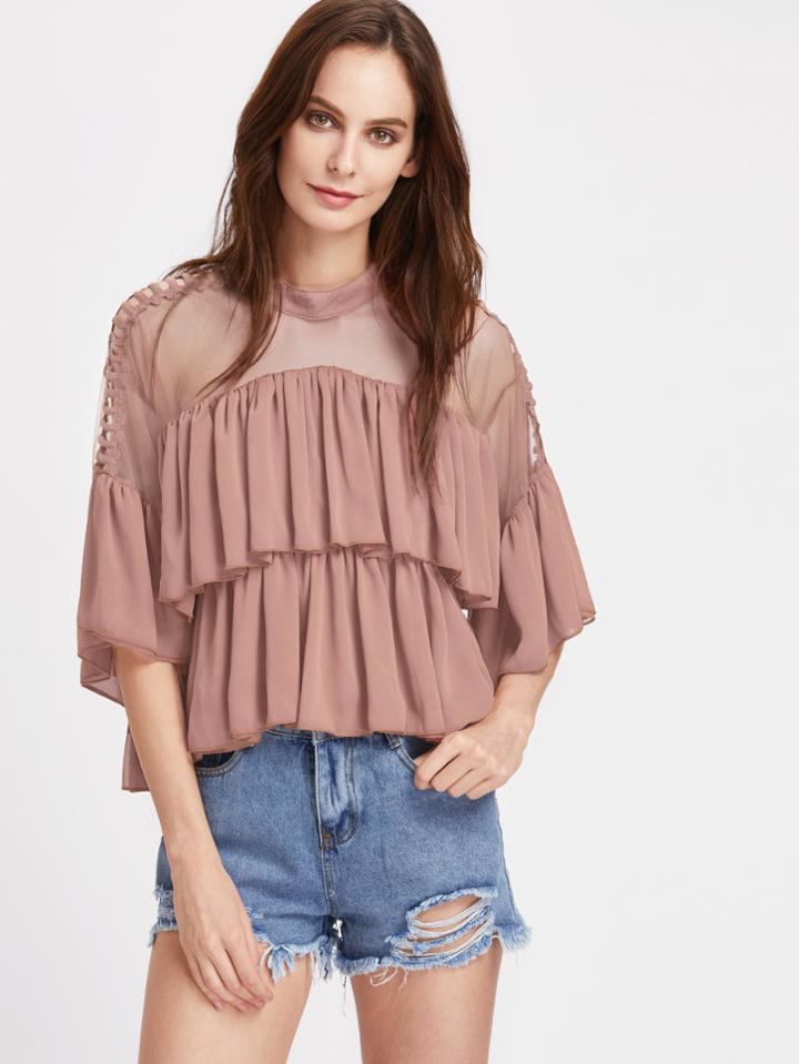 Shein Ladder Strap Sheer Shoulder Tiered Frill Top