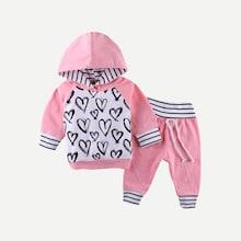 Shein Toddler Girls Heart Print Hooded Sweatshirt With Pants