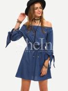 Shein Navy Boat Neck Tie Cuff Drawstring Waist Dress