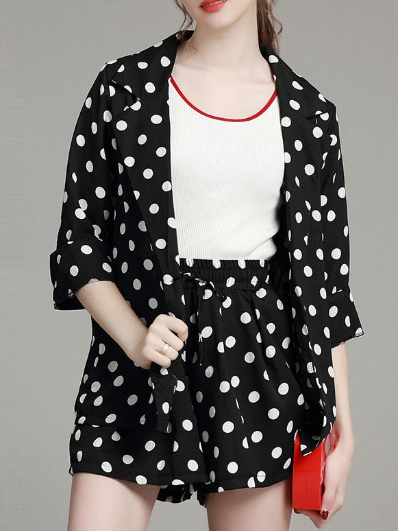 Shein Black Polka Dot Drawstring Top With Shorts
