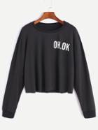 Shein Black Drop Shoulder Letter Print Raw Hem Crop Sweatshirt