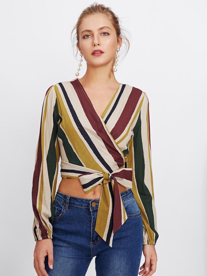 Shein Wrap And Bow Tie Detail Striped Top