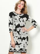 Shein Black Round Neck Half Sleeve Embroidered Dress