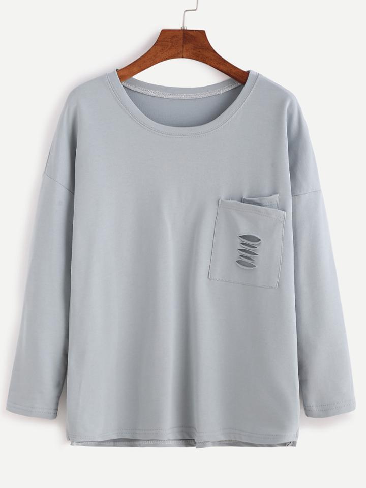 Shein Blue Drop Shoulder Ripped Pocket T-shirt