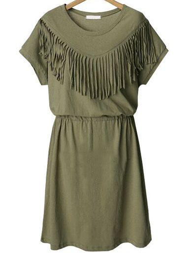 Shein Army Green Short Sleeve Tassel Plus Dress