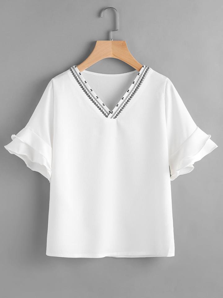 Shein V Neckline Embroidered Frill Tiered Cuff Top