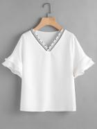 Shein V Neckline Embroidered Frill Tiered Cuff Top